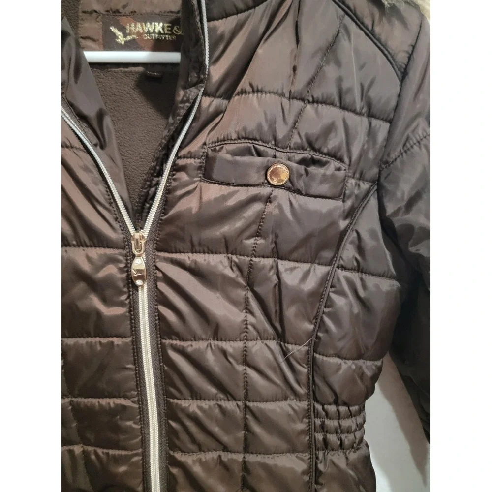 HAWKE & Co Girls Size 16 Brown Quilted Puffer Jacket Leopard Print Faux Fur Hood